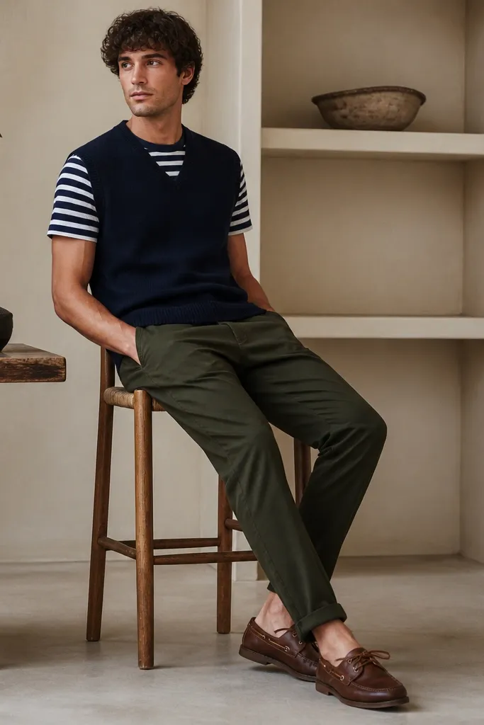 A navy sweater vest over a navy-and-white striped tee, paired with olive-dark chinos and brown boat shoes. The neckline shows the tee’s stripes clearly.