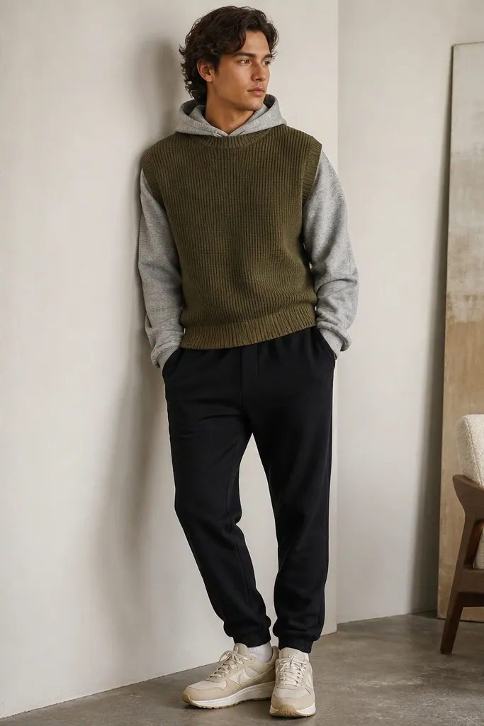 An olive knit sweater vest layered over a heather gray hoodie. The hoodie is visible at the hood opening and sleeves, with black jogger-style pants and neutral sneakers.