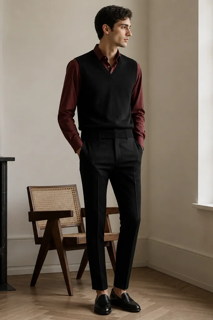 A black sweater vest over a burgundy button-up shirt, paired with slim black trousers and black leather loafers. The shirt is tucked and the collar sits cleanly.