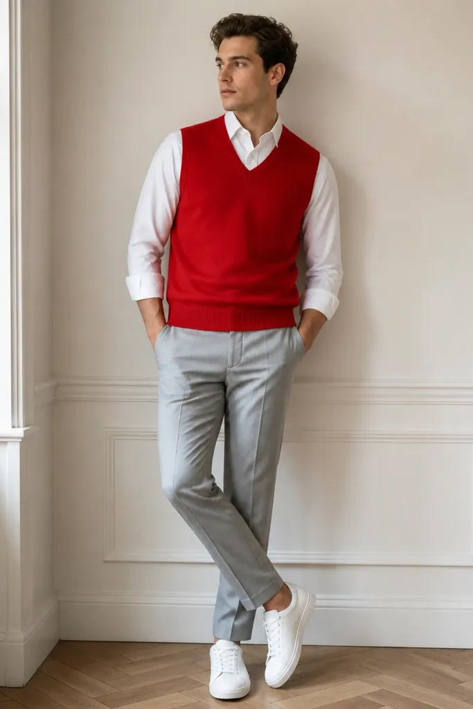 A bright red sweater vest over a white poplin shirt, styled with light gray trousers and crisp white sneakers. The shirt is tucked in and the vest shows a clean V-neck line.