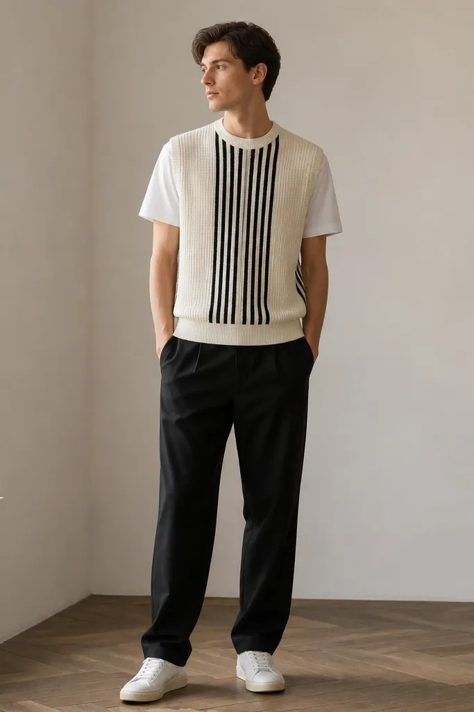 A vertically striped sweater vest worn over a solid white crew-neck shirt. The outfit includes black trousers and minimalist sneakers, with the stripes centered down the torso.