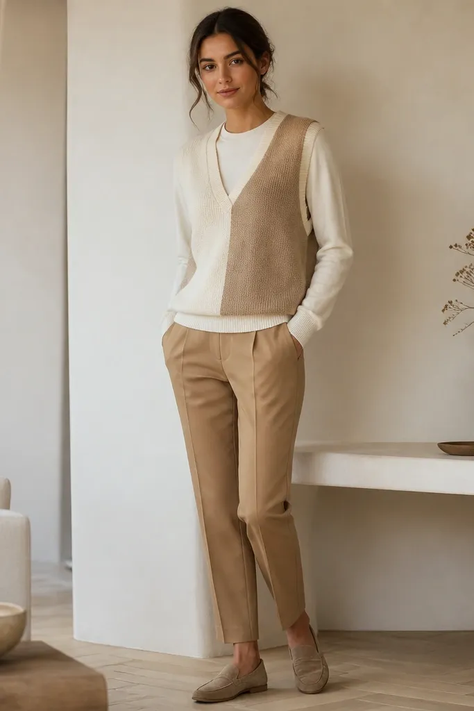 A two-tone sweater vest (cream and tan) over a cream long-sleeve top, paired with matching tan pants. The shoes are suede loafers and the outfit looks coordinated from head to toe.