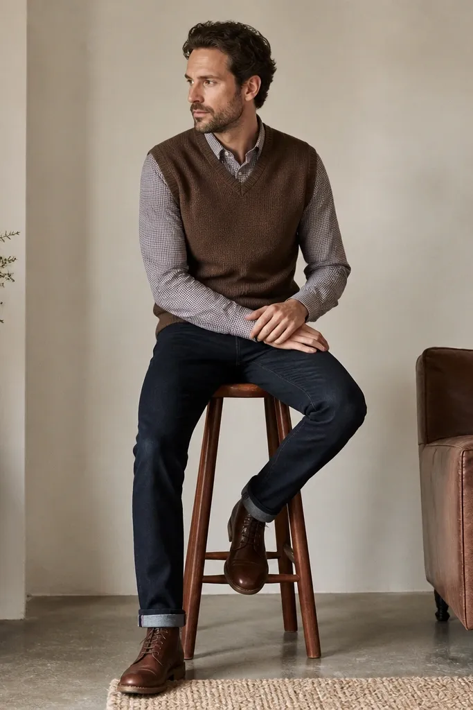 A brown sweater vest over a small-check button-down shirt, paired with dark slim jeans and brown leather lace-up boots. The shirt pattern peeks out at the collar and cuffs.