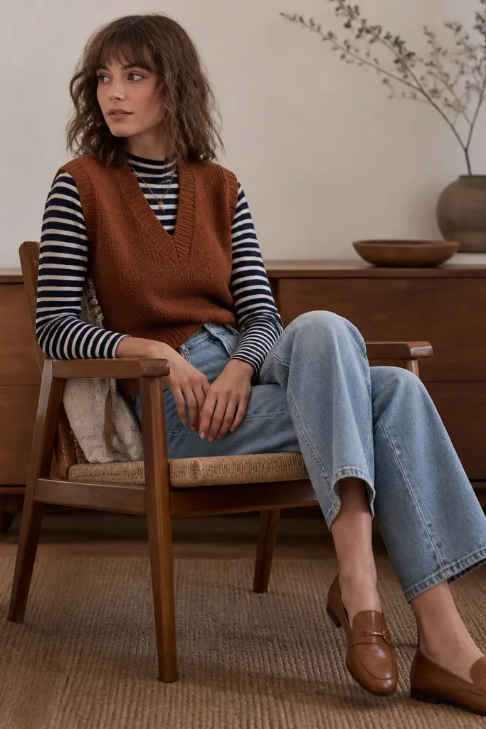 A warm cognac-brown sweater vest layered over a navy-and-cream striped long-sleeve shirt, paired with light wash denim over-the-ankle jeans and tan loafers.