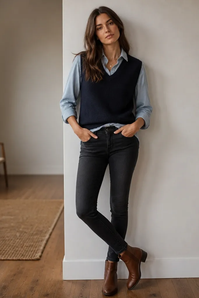 A navy sweater vest over a light blue chambray button-up worn half-tucked into dark skinny jeans; a small gold necklace and brown ankle boots finish the look.
