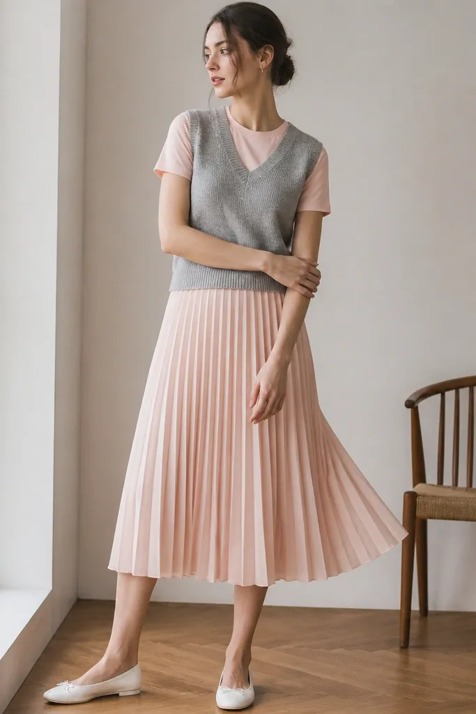A heather gray sweater vest over a soft pink fitted tee, paired with a light blush pleated midi skirt and white ballet flats.