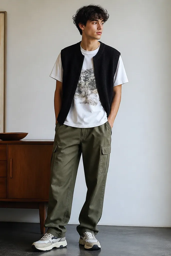 A black sweater vest over a white graphic tee, styled with olive straight-leg cargo pants and chunky sneakers; the vest is worn open at the front.