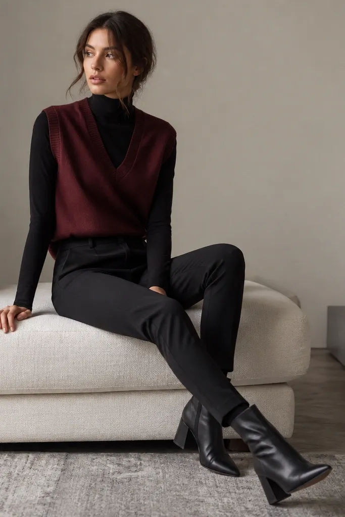 A burgundy sweater vest worn over a fitted black turtleneck, paired with slim black trousers and heeled ankle boots.