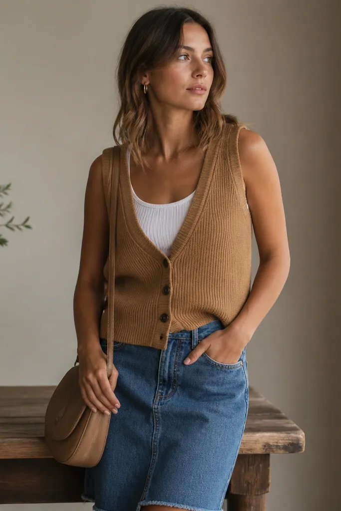 A camel knit sweater vest over a white ribbed tank, styled with a medium-wash denim skirt and tan crossbody bag.