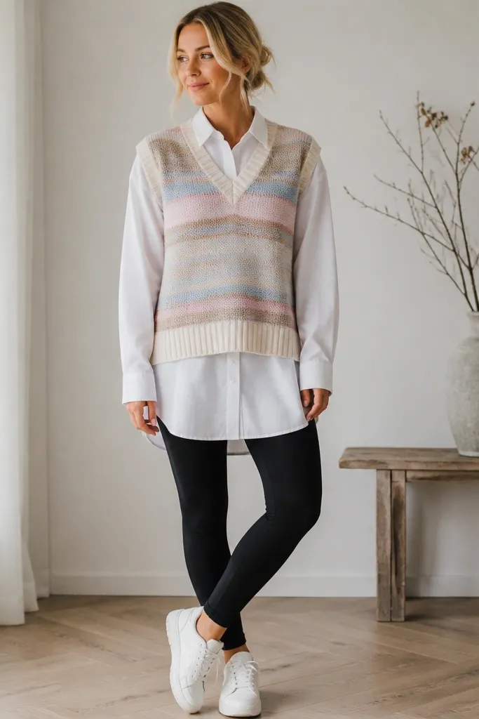 A pastel striped sweater vest layered over a longline solid shirt, with black leggings and white sneakers; the hem of the long shirt peeks below the vest.