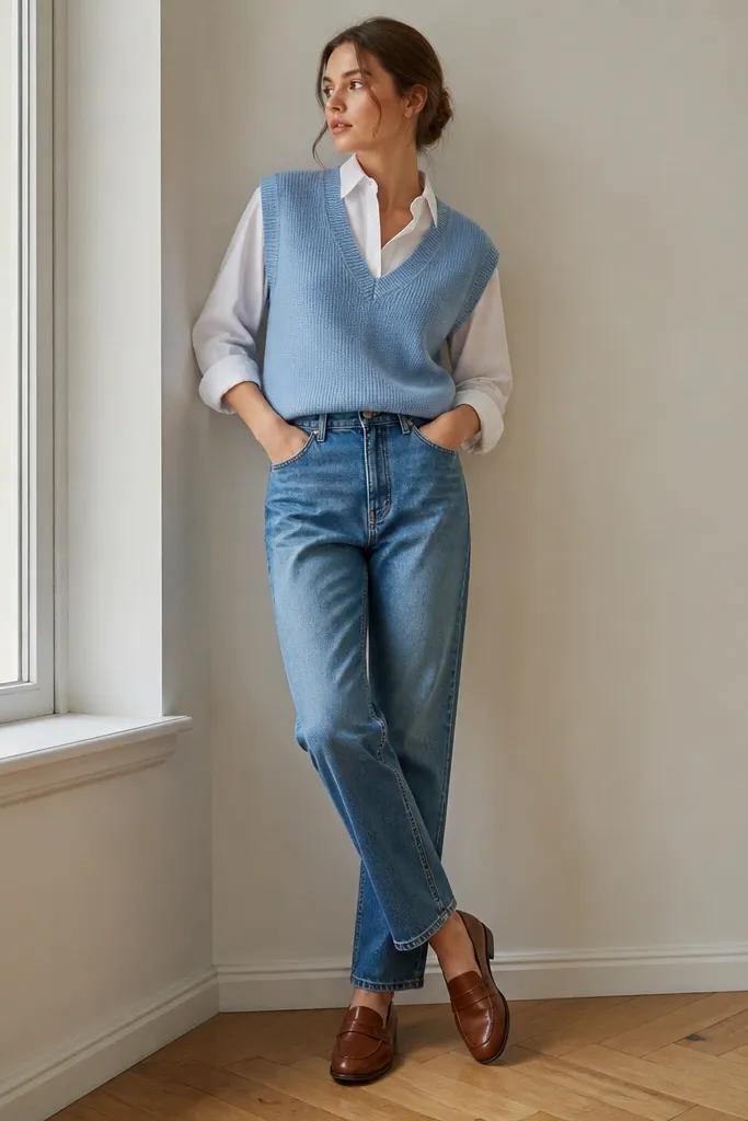 A light blue knit sweater vest over a white button-down with the collar visible, tucked into medium-wash straight-leg jeans; the model wears brown loafers.