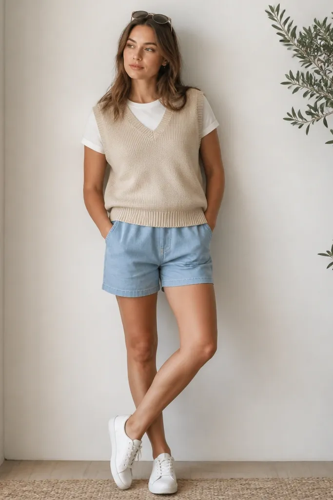 An oat-colored sweater vest over a white fitted tee, with chambray shorts and white low-top sneakers; sunglasses rest on the model’s head.