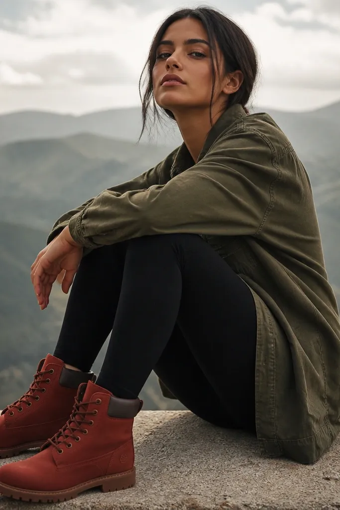 Women wearing earth-red Timberland boots with black leggings and an oversized olive button-up shirt jacket. The jacket is slightly wrinkled in a relaxed way, and the boots are the focal point.