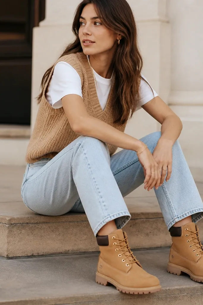 A casual street-style outfit with wheat-colored boots, light wash denim, and a tan sweater vest over a white tee. The camera angle highlights the boot shaft and the clean denim hem.