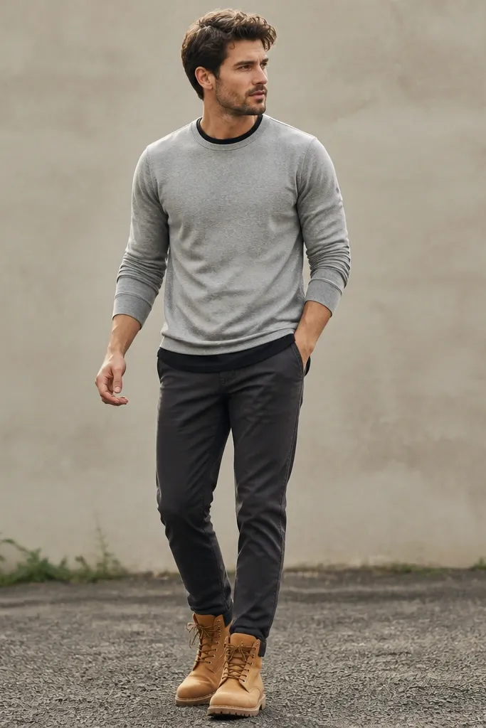 Men in tan Timberland boots with charcoal chinos and a layered look: fitted black tee under a heather gray long-sleeve. The outfit is photographed outdoors with a neutral background.