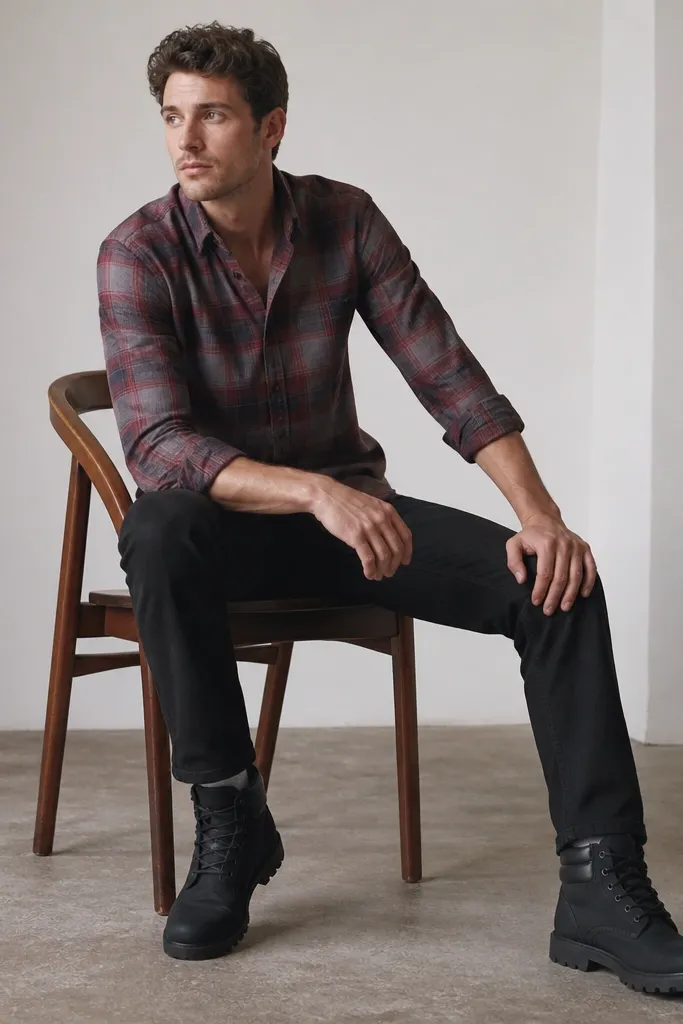 A plaid flannel or button-down shirt in muted reds and grays worn with straight black jeans and black Timberland boots. The shirt is worn with the top button open and sleeves cuffed.