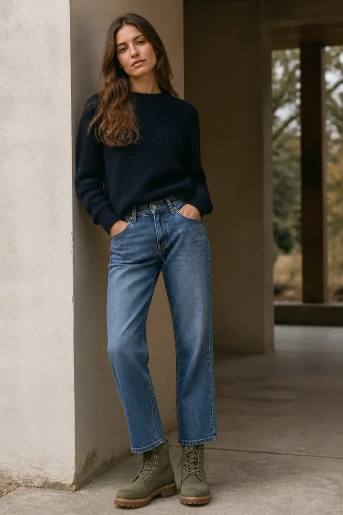 Women wearing green-tinged Timberland boots with medium-wash straight jeans and a navy knit sweater. The photo shows the sweater hem tucked slightly at the waist.