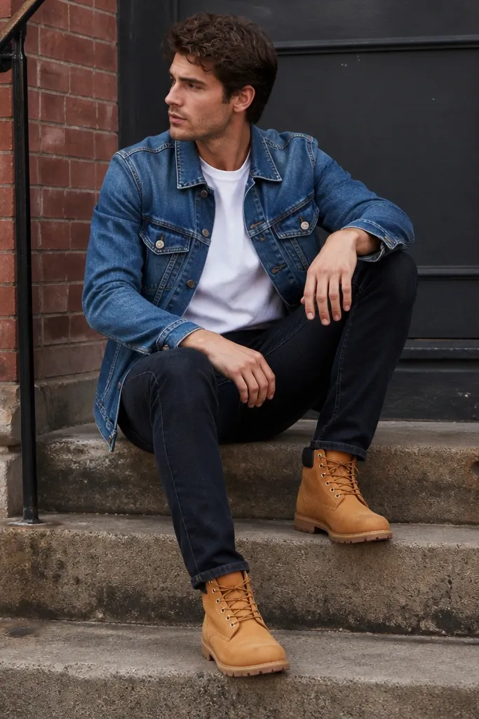 A classic casual look: wheat boots paired with slim dark jeans, a medium-wash denim jacket, and a crisp white tee. The denim hem sits above the boot tongue.