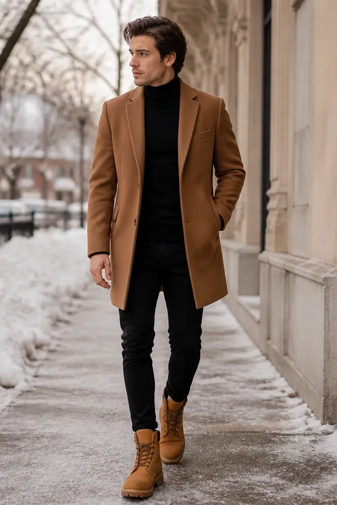 A more elevated winter look: cognac Timberland boots with black skinny pants, a black turtleneck, and a camel overcoat. The overcoat falls to mid-thigh.