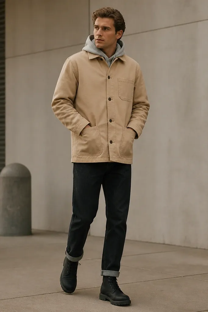 Men wearing black Timberland boots with a beige chore coat over a gray hoodie and dark jeans. The coat is buttoned up, and the hoodie peeks at the collar.