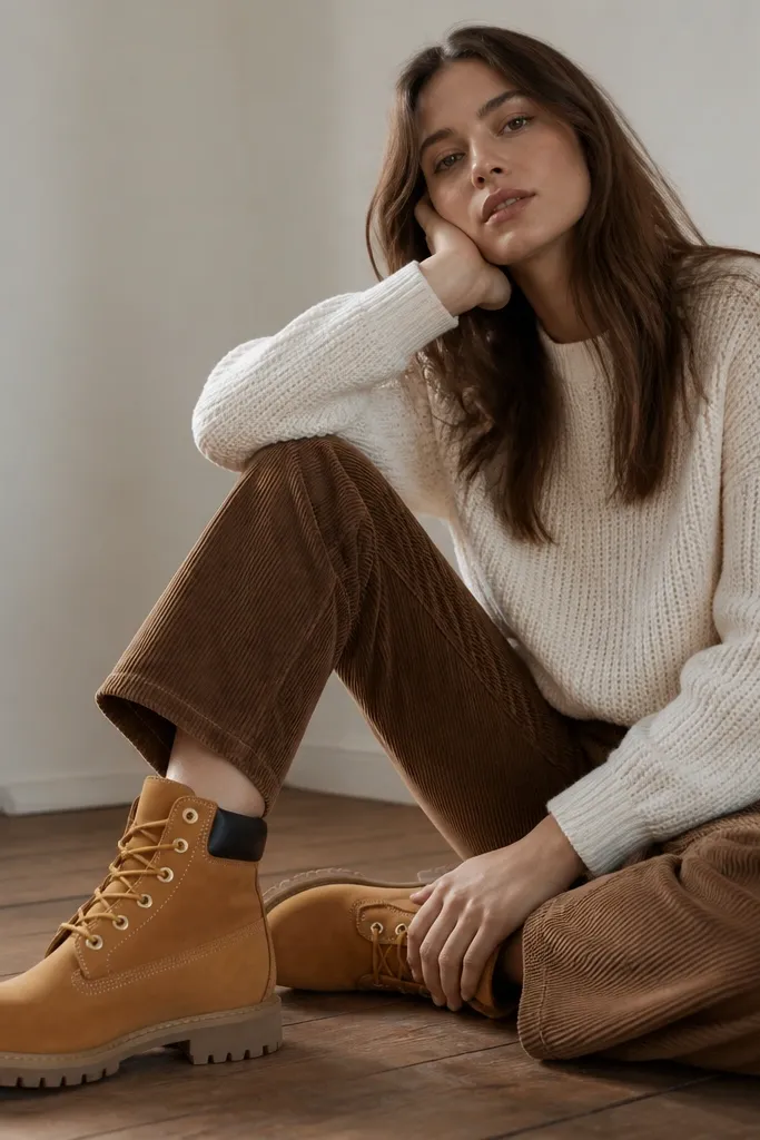 Women in wheat Timberland boots with brown corduroy pants and a cream knit sweater. The corduroy texture is visible in the photo, and the hem sits neatly above the boot.
