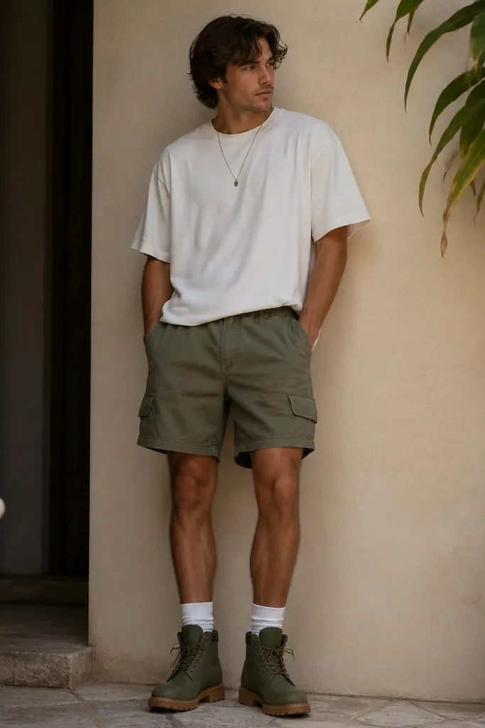 A styled casual look: green Timberland boots with olive utility shorts and a white oversized tee. The tee is slightly tucked, and the shorts hit mid-thigh.