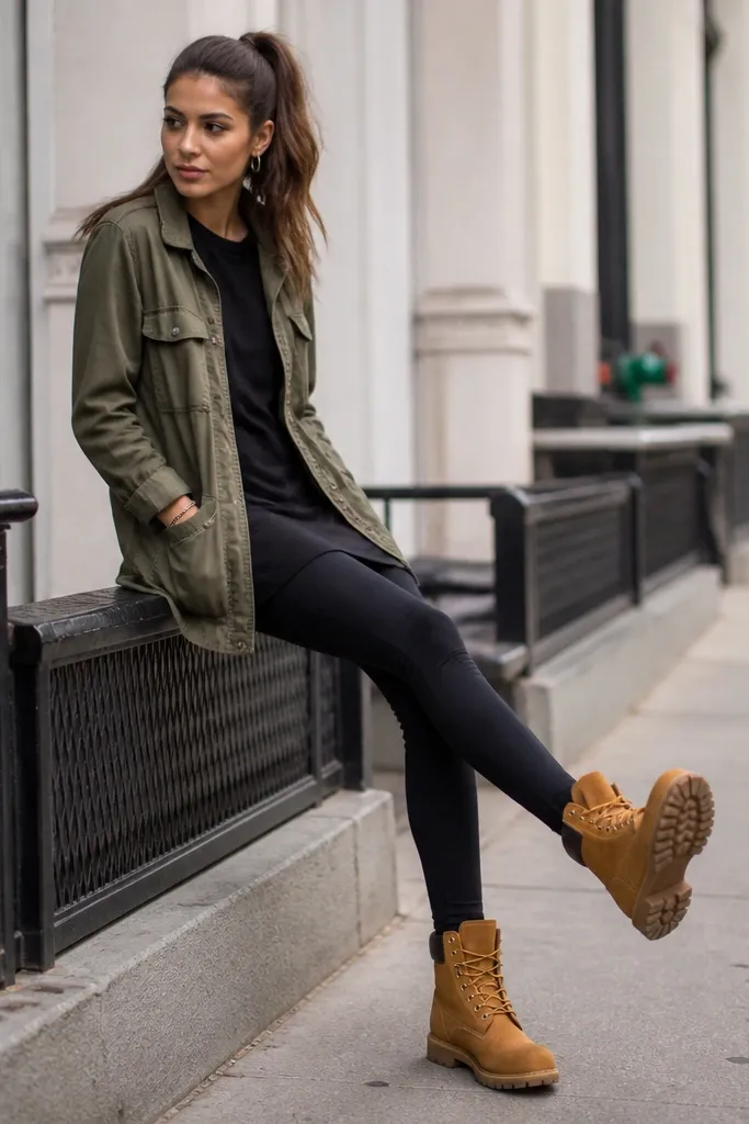 A casual street-style shot showing olive-green utility jacket over a long black tee, black leggings, and brown Timberland boots with visible tread; the background is a city sidewalk.