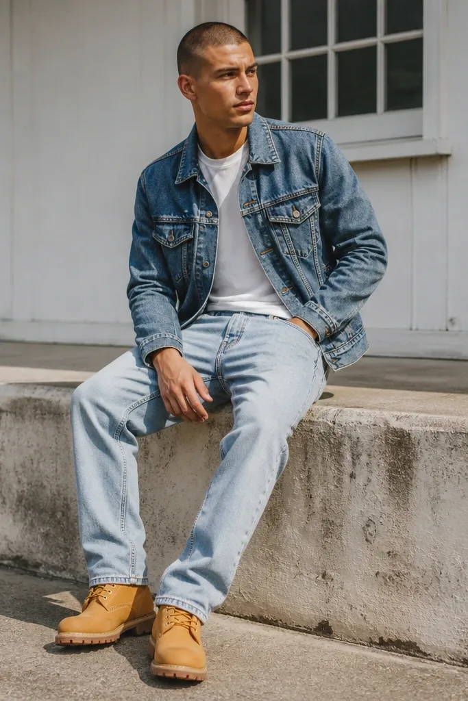 A bright daylight photo with a light wash straight-leg jean, white crew tee, blue denim jacket, and classic tan Timberland boots; the hem slightly grazes the top of the boot.