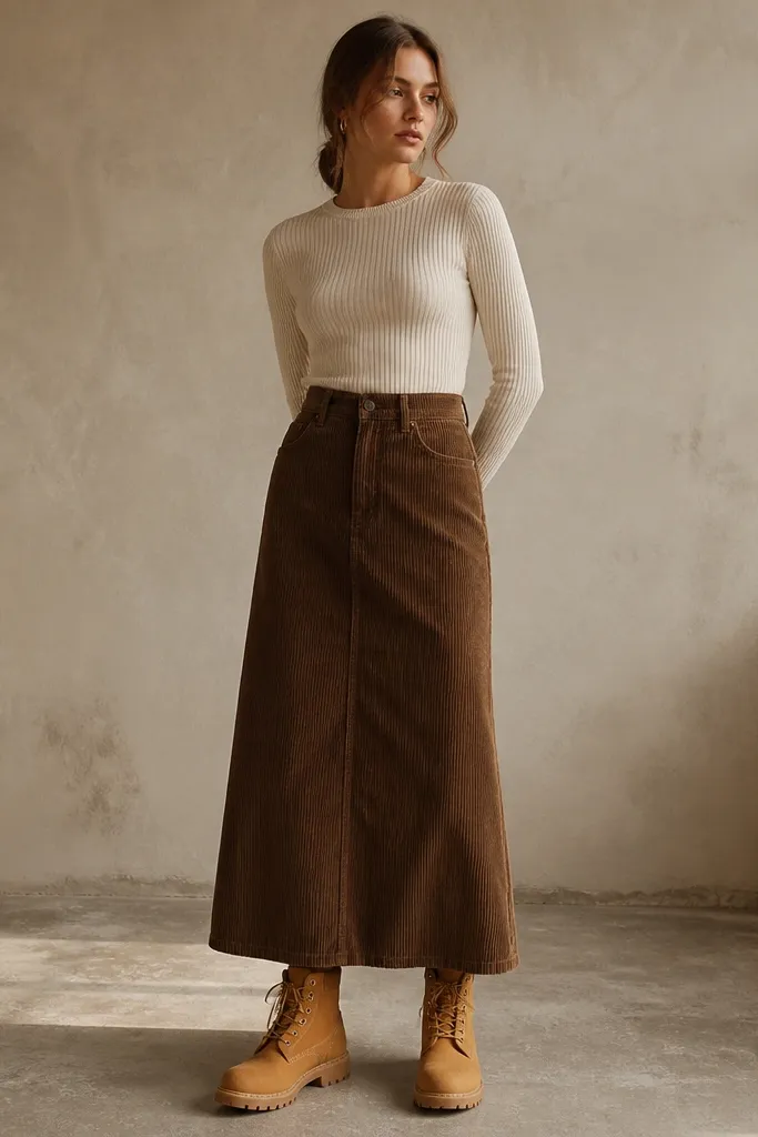 A model in a long brown corduroy skirt with a fitted ribbed top tucked in, wearing Timberland boots; the skirt hem hits mid-boot length and shows subtle texture.