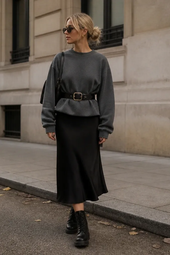 A street photo featuring a black midi slip skirt, an oversized gray sweatshirt, and a wide belt cinched at the waist; black Timberland-style boots anchor the look.