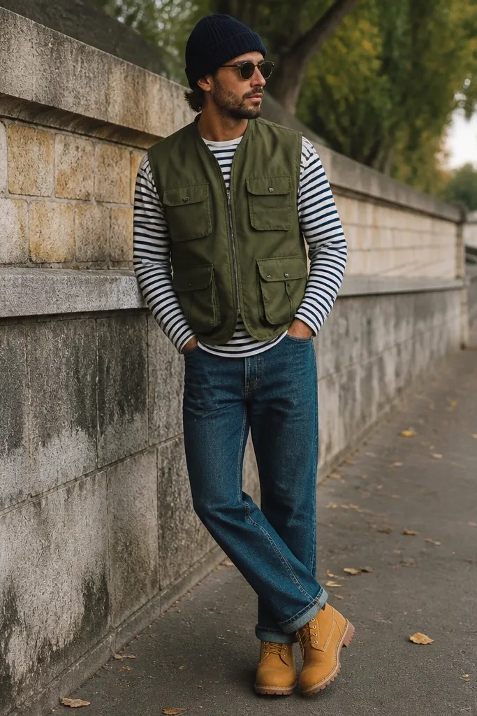 A casual look with a navy-and-white striped tee, olive utility vest, straight-leg jeans, and tan Timberland boots; a beanie and sunglasses are visible.