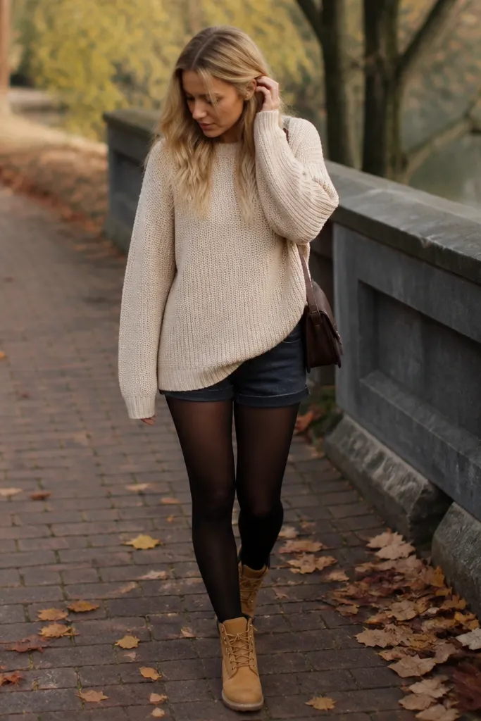 A fall outfit photo: dark denim shorts, black tights, an oversized oatmeal knit sweater, and Timberland boots; the sweater covers the hips.