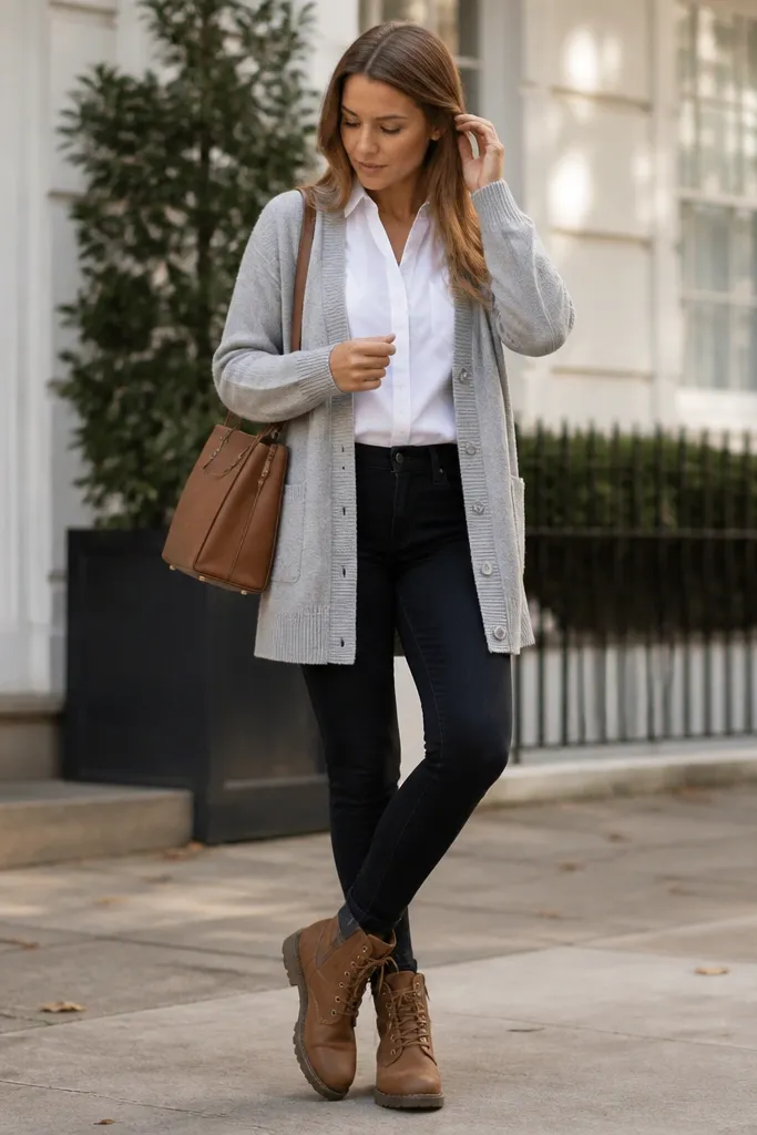 A polished casual image: crisp white blouse tucked into dark jeggings, buttoned knit cardigan in soft gray, and brown Timberland boots; a structured handbag sits on the shoulder.