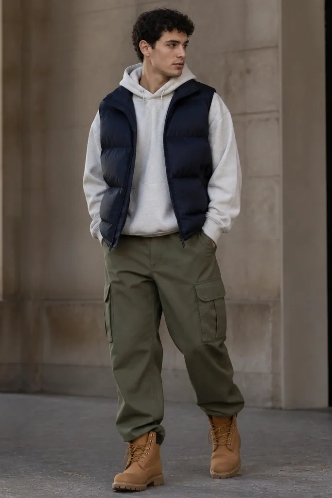 A layered outfit with navy puffer vest over a light hoodie, olive cargo pants, and Timberland boots; the photo shows a roomy but structured silhouette.