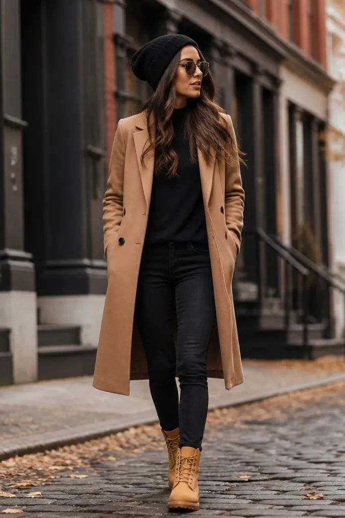 A fall street shot: camel trench coat over a black top, black skinny jeans, and tan Timberland boots; a knit beanie and sunglasses finish the look.