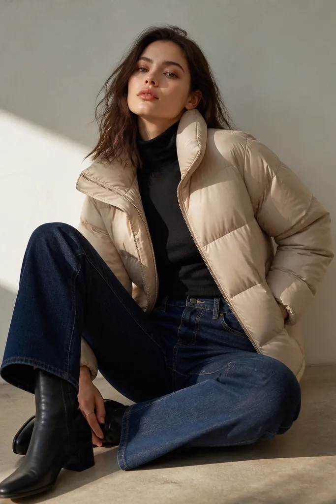 A beige puffer jacket layered over a black fitted turtleneck, with straight-leg indigo jeans and black leather boots; the photo emphasizes contrast around the collar and shoulders.
