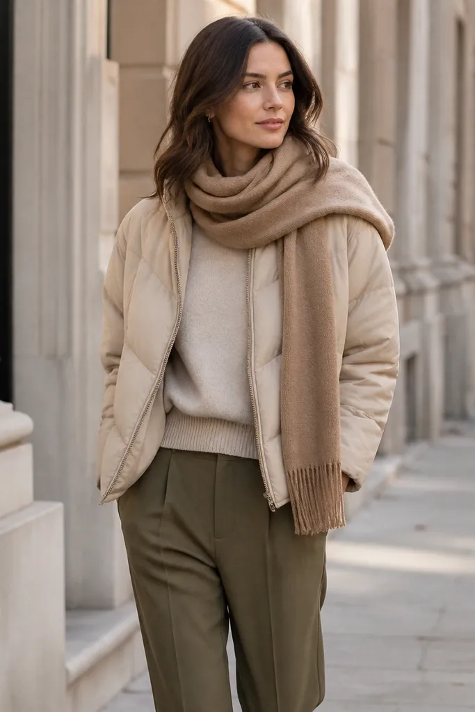 A beige puffer jacket with a camel knit scarf draped at the neck, an oat-colored sweater underneath, and olive tapered trousers; the background looks like a city sidewalk in soft winter light.