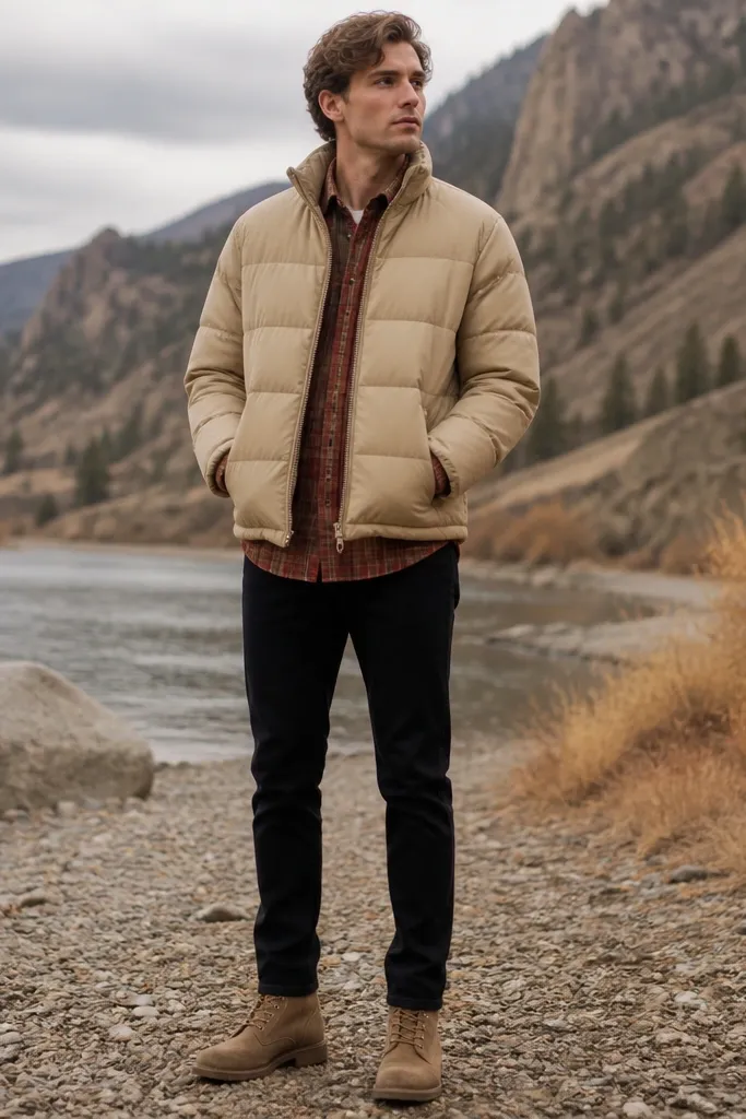 A beige puffer jacket worn over a red-and-brown plaid flannel, paired with black slim denim and tan suede lace-up boots; the image shows the flannel peeking at the hem and cuffs.