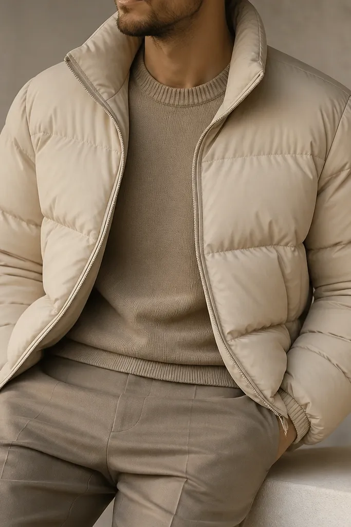 A beige puffer jacket over a slightly darker beige/tan sweater, with taupe tailored trousers and minimalist white sneakers; the photo is tightly framed around the torso.