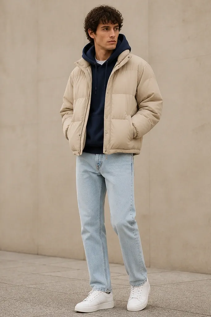 A beige puffer jacket layered over a navy hoodie, paired with light-wash straight jeans and white sneakers; the hood is visible under the jacket collar.