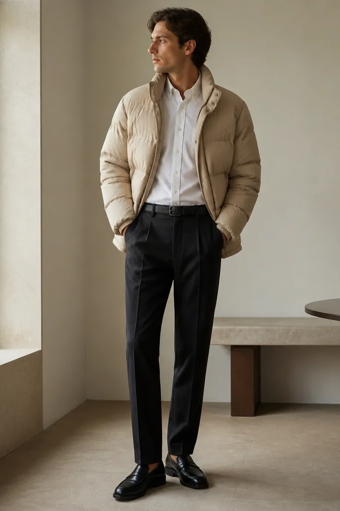 A beige puffer jacket worn over a crisp white oxford button-down, with dark wool trousers and black leather loafers; the collar is neatly visible and the look feels office-ready.