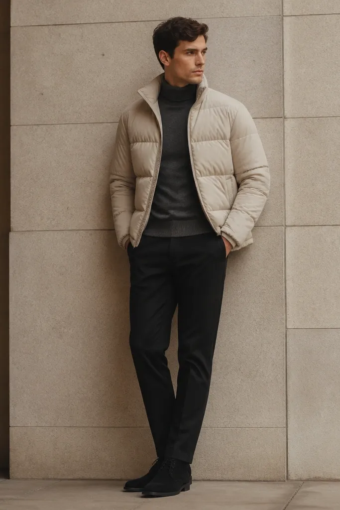 A beige puffer jacket over a charcoal turtleneck, paired with black chinos and black chukka boots; the photo highlights a smooth, streamlined silhouette.
