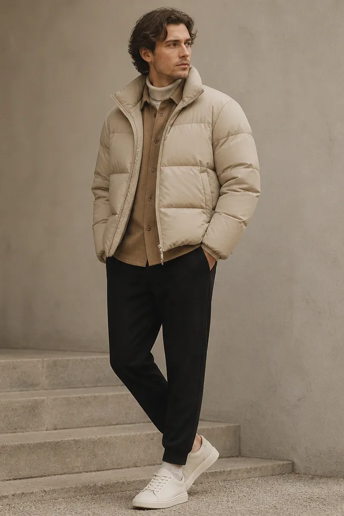 A beige puffer jacket worn over a camel overshirt, with black tailored jogger-style pants and minimal sneakers; the overshirt texture shows at the shoulders and center placket.