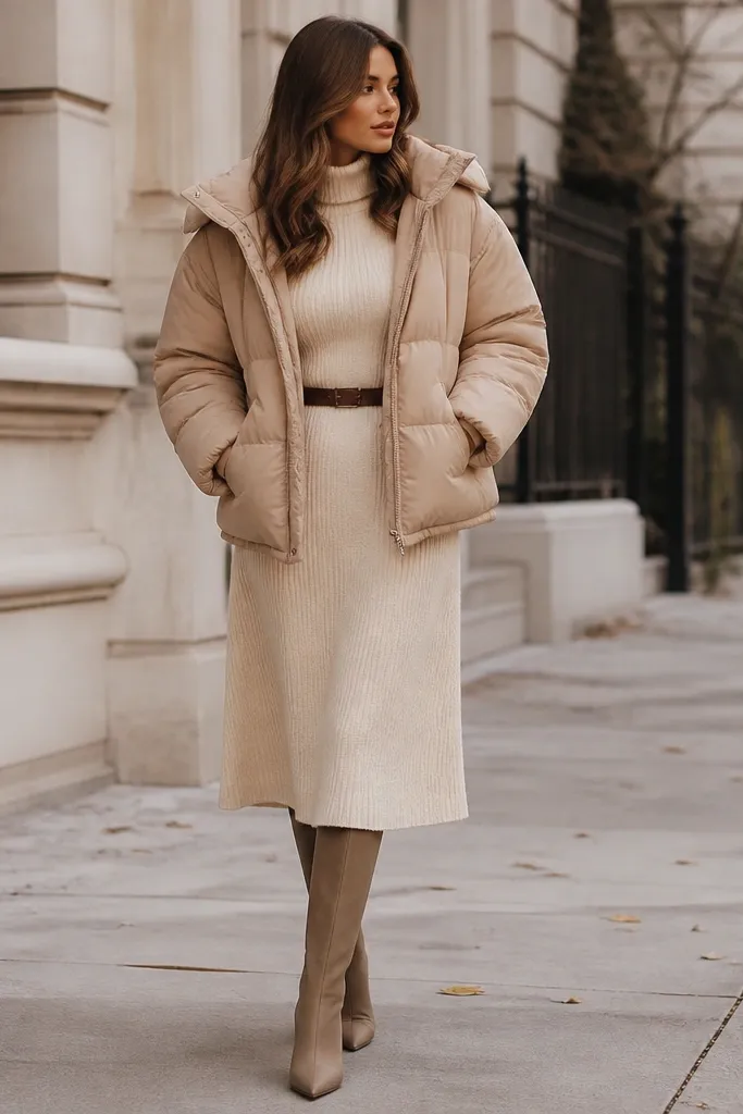 A beige puffer jacket worn over a cream midi sweater dress, with a defined waist silhouette and knee-high boots; the outfit looks styled for cold weather with soft, feminine proportions.