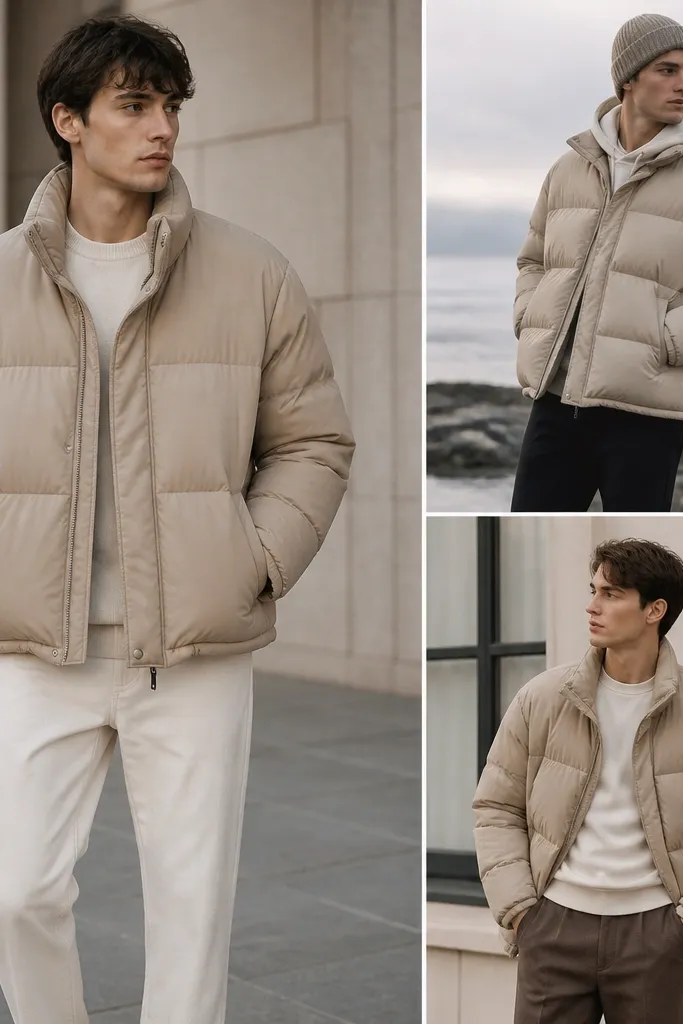 Beige Puffer Jacket Outfits for Men