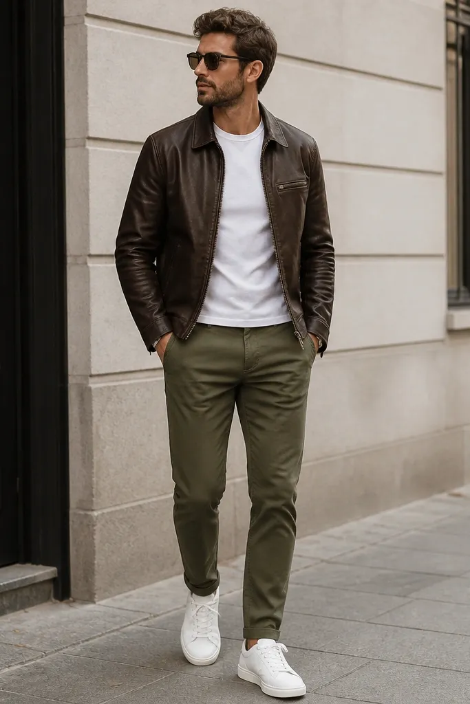 A casual street-style shot: chocolate-brown leather jacket over a crisp white crew tee. The pants are olive chinos with a slight taper. Clean white sneakers and minimal accessories are shown.