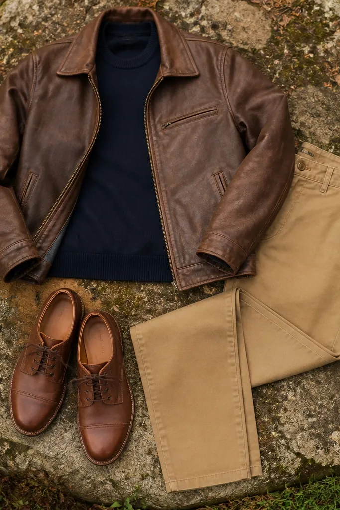 An outfit laid out outdoors: tobacco-brown leather jacket with a slightly worn patina. A navy crewneck sweater sits underneath, paired with tan chinos. The shoes are medium-brown leather lace-ups.