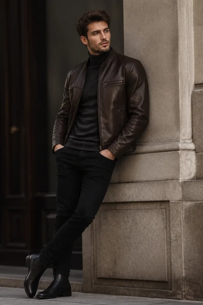 A sleek urban look: dark brown leather jacket with visible seam detailing over a charcoal turtleneck. The jeans are black and slim. The footwear is black Chelsea boots, and the lighting highlights the jacket’s darker finish.