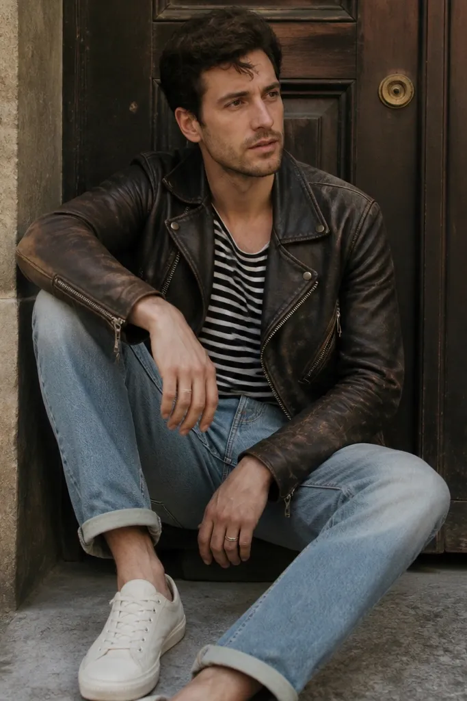A casual, slightly rugged photo: distressed brown moto leather jacket with asymmetrical zipper. A black-and-cream striped T-shirt underneath. Light-wash jeans and white low-top sneakers are visible.