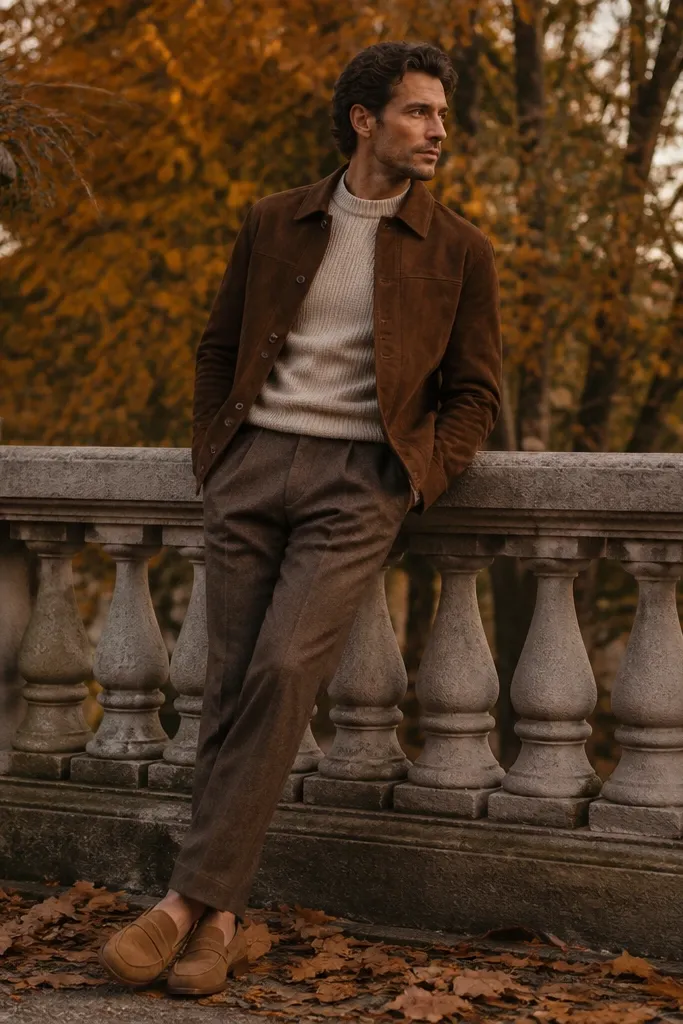 A fall-styled image: a brown suede jacket (soft nap visible) over an oatmeal-colored knit sweater. The trousers are a slightly darker brown, and the shoes are suede or leather loafers in tan.